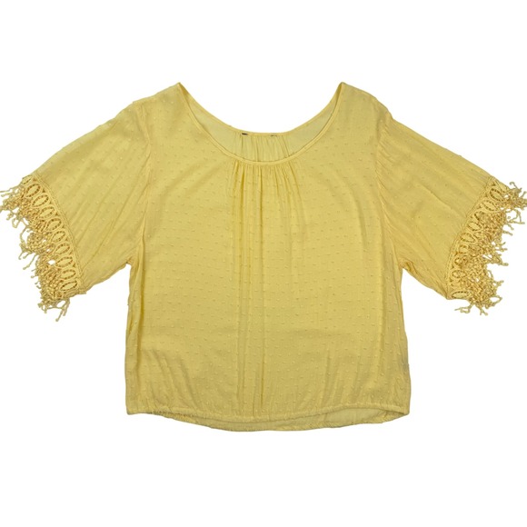 Tops - Yellow Swiss Dot Crochet Lace Tassel Sleeve Blouson Blouse Top Large (PTP 21")